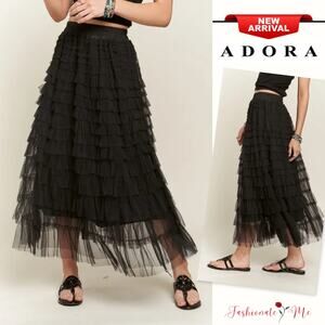 ADORA Elastic Waistband Layered Mesh Lace Detail Lining Midi Skirt | Black